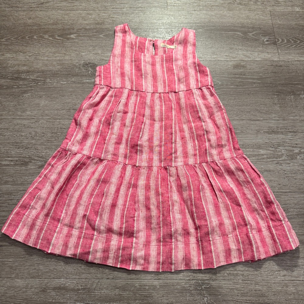 Faherty Tiered Dress Girls 5 Pink Stripe Linen Rayon Coastal Summer Vacation